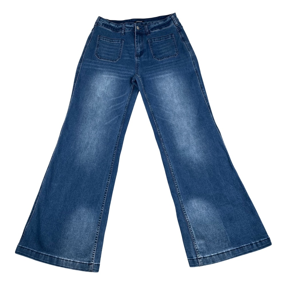 FLAMINGALS Womens Wide Leg Jeans Medium Wash High Rise Front Patch Pockets 31x30